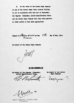 GERMAN SURRENDER, 1945. Page two of the original instrument of surrender of Germany in World War II, signed at Rheims, France, by General Alfred Jodl in the early morning of 7 May 1945.  Copyright: xGRANGERx xGRANGERx 0090357