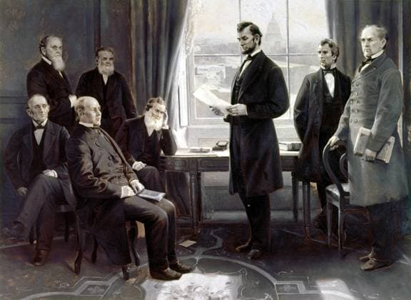 EMANCIPATION PROCLAMATION. Abraham Lincoln reading the Emancipation Proclamation to his cabinet. Left to right: Montgomery Blair, Edwin Stanton, Caleb Smith, Edward Bates, Gideon Welles, Lincoln, William Seward and Salmon Chase. Oil on canvas by Alonzo Chappel, 1862.  Copyright: xGRANGERx xGRANGERx 0102460