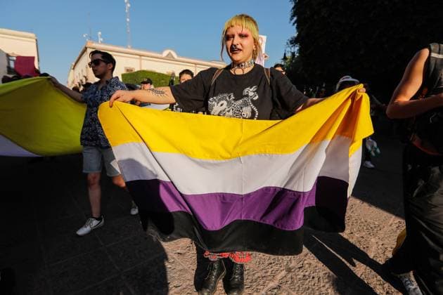 March for Transgender Rights in Queretaro, Mexico - 23 Mar 2024 A member of the transgender community walks while holding a flag during the demonstration. The Transsexual Community March took place on the streets of downtown Queretaro intending to make this sector of society visible. One of the slogans is that the Gender Law, which has been in Congress since last year, be approved and that security and anti-discrimination guarantees be given in Querétaro. Queretaro Mexico Copyright: xCesarxGomezx xSOPAxImagesx _EGR1004