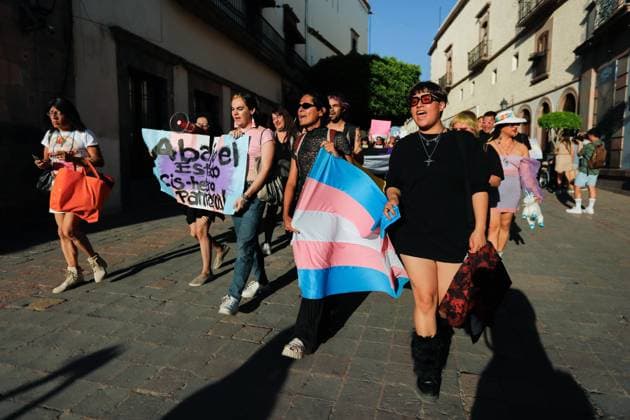March for Transgender Rights in Queretaro, Mexico - 23 Mar 2024 A group of the transsexual community march on the street during the demonstration. The Transsexual Community March took place on the streets of downtown Queretaro intending to make this sector of society visible. One of the slogans is that the Gender Law, which has been in Congress since last year, be approved and that security and anti-discrimination guarantees be given in Querétaro. Queretaro Mexico Copyright: xCesarxGomezx xSOPAxImagesx _EGR1026