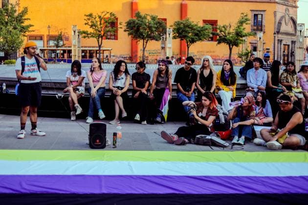 March for Transgender Rights in Queretaro, Mexico - 23 Mar 2024 Protesters sit at a public square during the march for transgender rights. The Transsexual Community March took place on the streets of downtown Queretaro intending to make this sector of society visible. One of the slogans is that the Gender Law, which has been in Congress since last year, be approved and that security and anti-discrimination guarantees be given in Querétaro. Queretaro Mexico Copyright: xCesarxGomezx xSOPAxImagesx _EGR1285