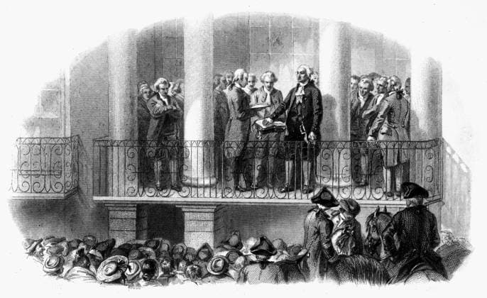 WASHINGTON: INAUGURATION. The inauguration of George Washington as the first President of the United States at Federal Hall, New York, 30 April 1789. Engraving, American, 1800s.  Copyright: xGRANGERx xGRANGERx 0113566