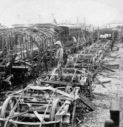 CHINA: BOXER REBELLION. Railroad cars destroyed by fire at the station during the battle at Tientsin, China. Stereograph, c1901.  Copyright: xGRANGERx xGRANGERx 0116707
