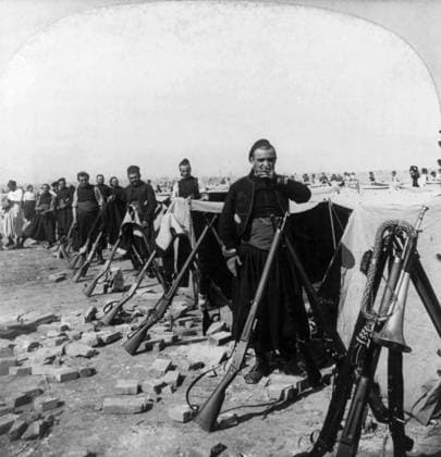 CHINA: BOXER REBELLION. French soldiers in a camp near Round House, Tientsin, China, during the Boxer Rebellion. Stereograph, 1900.  Copyright: xGRANGERx xGRANGERx 0118183