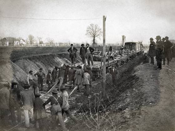MILITARY RAILWAY, c1863. A gang of American workers clearing up a railway accident with the help of a wrecking train while officials look on. Photographed by Andrew J.Russell, March 1863.  Copyright: xGRANGERx xGRANGERx 0118987