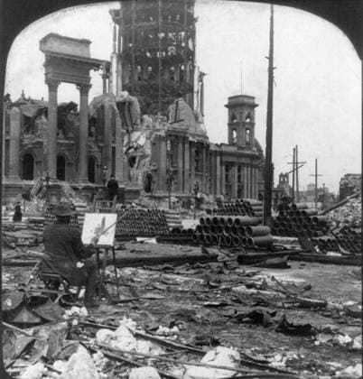 SAN FRANCISCO EARTHQUAKE. An artist seated amid the rubble while painting the destroyed City Hall building, following the earthquake of 18 April 1906. Stereograph, 1906.  Copyright: xGRANGERx xGRANGERx 0119564