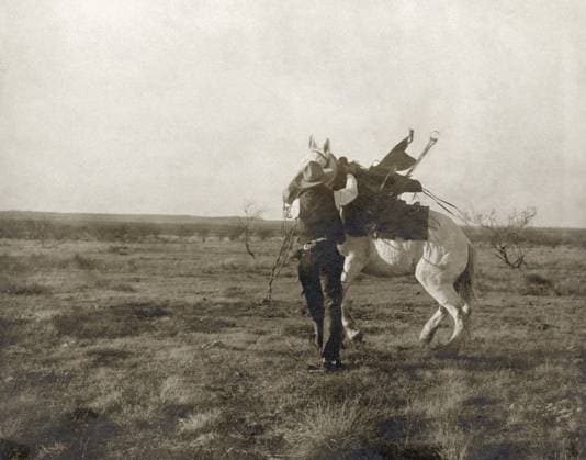 TEXAS: COWBOY, c1906. A cowboy saddling a bronco on a ranch in Texas. Photograph by Erwin Evans Smith, c1906.  Copyright: xGRANGERx xGRANGERx 0124932