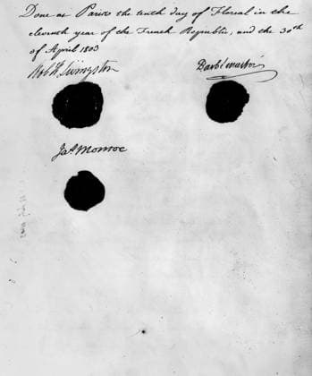 LOUISIANA PURCHASE, 1803. The signatures and seals of Robert Livingston, James Monroe and François Barbé-Marbois on the last page of the Louisiana Purchase Treaty, Paris, 30 April 1803.  Copyright: xGRANGERx xGRANGERx 0128611