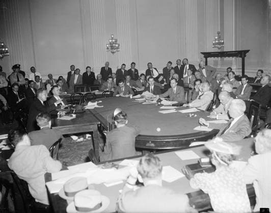 DIES COMMITTEE, 1939. John Hamilton, chairman of the Republican National Committee, testifying before the House Un-American Activities Committee (HUAC), or Dies Committee, after being accused of communicating with someone distributing anti-Semitic propaganda. Photograph, 22 May 1939.  Copyright: xGRANGERx xGRANGERx 0128875