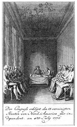 DECLARATION OF INDEPENDENCE. Signing of the Declaration of Independence at Independence Hall in Philadelphia, 4 July 1776. Contemporary German etching by Berger.  Copyright: xGRANGERx xGRANGERx 0129654