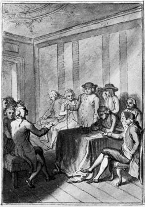 DECLARATION OF INDEPENDENCE. The signing of the Declaration of Independence in Congress, 4 July 1776. Drawing, German, by Johann Heinrich Ramberg, 1784.  Copyright: xGRANGERx xGRANGERx 0129861