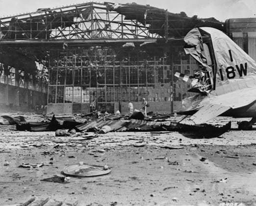 WORLD WAR II: HICKAM FIELD. Wreckage of a hangar at Hickam Field, Hawaii, after being bombed by the Japanese on 7 December 1941.  Copyright: xGRANGERx xGRANGERx 0129931