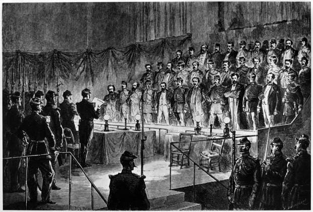 PARIS COMMUNE: TRIAL, 1871. Reading the verdict condemning the accused leaders of the Paris Commune, during the third council of war, 2 September 1871. Line engraving, c1871.  Copyright: xGRANGERx xGRANGERx 0165947