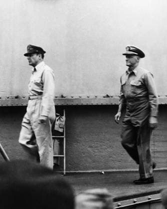 MACARTHUR AND NIMITZ, 1945. General Douglas MacArthur (left) and Admiral Chester W. Nimitz on board the USS Missouri at the time of the Japanese surrender, 1945.  Copyright: xGRANGERx xGRANGERx 0167357