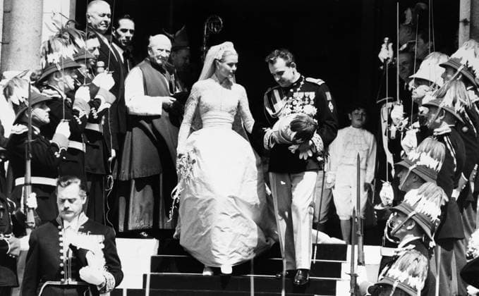 GRACE KELLY (1928-1982). American actress and Princess of Monaco, 1956-1982. The wedding of Grace Kelly and Prince Rainier III in Monaco, 19 April 1956. Her gown was designed by Christian Dior.  Copyright: xGRANGERx xGRANGERx 0169641
