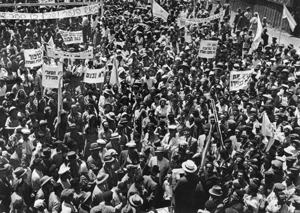ZIONIST PROTEST, 1939. A Zionist demonstration in May 1939, protesting the British decision to create an independent Palestine and limit the number of Jewish immigrants.  Copyright: xGRANGERx xGRANGERx 0170247
