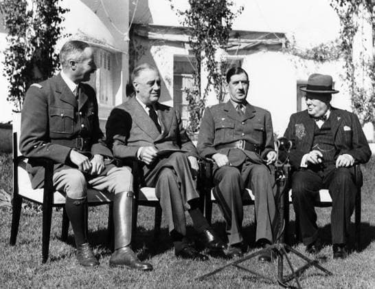 CASABLANCA CONFERENCE. Allied leaders meeting at the Casablanca Conference, at the Hotel Anfa in Casablanca, Morocco. Left to right: General Henri Honoré Giraud, High Commissioner of French North Africa; U.S. President Franklin D. Roosevelt; General Charles de Gaulle, Free France; and British Prime Minister Winston Churchill. Photograph, January 1943.  Copyright: xGRANGERx xGRANGERx 0170586