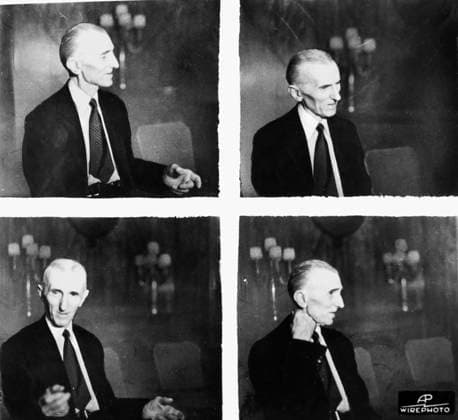 NIKOLA TESLA (1856-1943). American electrician, physicist, and inventor. Born in Croatia, of Serbian parents. Series of photographs of Tesla taken during an interview on the occasion of his 79th birthday, 1935.  Copyright: xGRANGERx xGRANGERx 0175792