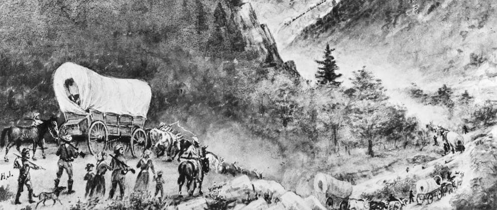 OREGON TRAIL: EMIGRANTS. An emigrant wagon train on the Oregon Trail passing through the Blue Mountains in eastern Oregon, c1866. Detail from a watercolor, c1935, by William Henry Jackson.  Copyright: xGRANGERx xGRANGERx 0183515