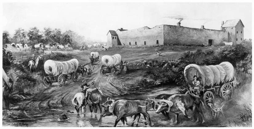 OREGON TRAIL: EMIGRANTS. A party of emigrants arriving by wagon train at Fort Hall, on the Oregon Trail in present-day Idaho, c1850. Painting, c1930, by Bethel M. Farley.  Copyright: xGRANGERx xGRANGERx 0184082