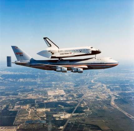 SPACE SHUTTLE ENTERPRISE. The NASA Space Shuttle Enterprise riding atop its 747 jumbo carrier. Photograph, c1977.  Copyright: xGRANGERx xGRANGERx 0184128