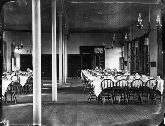 WYOMING: EATING HOUSE. Dining room of the eating house at the Union Pacific Railroad depot in Laramie, Wyoming, which served train passengers before the introduction of dining cars. Photograph by Andrew Joseph Russell, c1868.  Copyright: xGRANGERx xGRANGERx 0184239