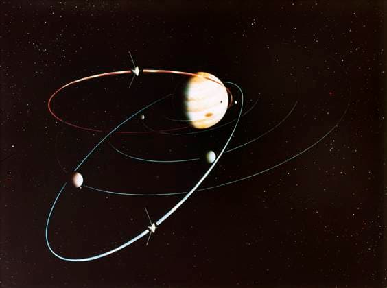 SPACE: JUPITER ORBIT, 1977. Conceptual drawing showing the equatorial orbit of a spacecraft of the Mariner Jupiter mission. Drawing, 1977.  Copyright: xGRANGERx xGRANGERx 0185067