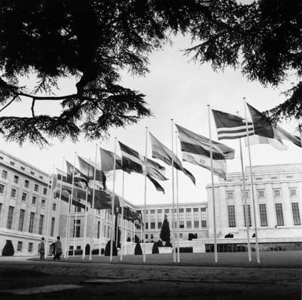 GENEVA: PALAIS DES NATIONS. The Palais des Nations in Geneva, Switzerland, former headquarters of the League of Nations and currently houses the European Office of the United Nations. Photograph, 1960.  Copyright: xGRANGERx xGRANGERx 0216310