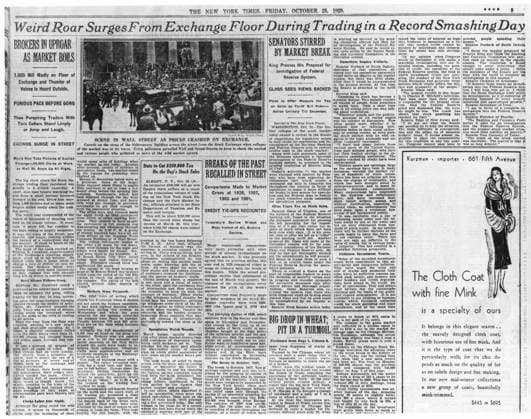 WALL STREET CRASH, 1929. Page 3 of the New York Times, 25 October 1929, reporting on the Wall Street Crash.  Copyright: xGRANGERx xGRANGERx 0216503