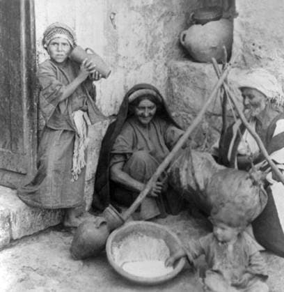 Palestine: A Palestinian family churning butter in a goatskin at Beeroth, near Jerusalem, c. 1900 Palestine (Arabic: ÙÙ Ø³Ø·ÙäÙÜŽ Filasá¹­Ä«n, Falasá¹­Ä«n, Filisá¹­Ä«n; Greek: Î Î±Î»Î±Î¹ÏƒÏ Î¯Î½Î·, PalaistinÄ ; Latin: Palaestina; Hebrew: ×¤×œ× ×ª×™× × Palestina) is a name given to the geographic region between the Mediterranean Sea and the Jordan River. The region is also known as the Land of Israel (Hebrew: ××¨×¥Ö¾×™× ×¨××œ Eretz-Yisra el), the Holy Land and the Southern Levant.<br ><br > In 1832 Palestine was conquered by Muhammad Ali s Egypt, but in 1840 Britain intervened and returned control of the Levant to the Ottomans in return for further capitulations. The end of the 19th century saw the beginning of Zionist immigration and Copyright: xxPicturesxFromxHistoryx