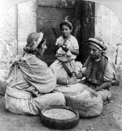 Palestine: A Palestinian woman with her two children grinding wheat, c. 1900 Palestine (Arabic: ÙÙ Ø³Ø·ÙäÙÜŽ Filasá¹­Ä«n, Falasá¹­Ä«n, Filisá¹­Ä«n; Greek: Î Î±Î»Î±Î¹ÏƒÏ Î¯Î½Î·, PalaistinÄ ; Latin: Palaestina; Hebrew: ×¤×œ× ×ª×™× × Palestina) is a name given to the geographic region between the Mediterranean Sea and the Jordan River. The region is also known as the Land of Israel (Hebrew: ××¨×¥Ö¾×™× ×¨××œ Eretz-Yisra el), the Holy Land and the Southern Levant.<br ><br > In 1832 Palestine was conquered by Muhammad Ali s Egypt, but in 1840 Britain intervened and returned control of the Levant to the Ottomans in return for further capitulations. The end of the 19th century saw the beginning of Zionist immigration and the Revival of the H Copyright: xxPicturesxFromxHistoryx
