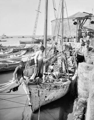 Palestine: A coastal boat being loaded with oranges by Palestinian men at Jaffa, c. 1910 Palestine (Arabic: ÙÙ Ø³Ø·ÙäÙÜŽ Filasá¹­Ä«n, Falasá¹­Ä«n, Filisá¹­Ä«n; Greek: Î Î±Î»Î±Î¹ÏƒÏ Î¯Î½Î·, PalaistinÄ ; Latin: Palaestina; Hebrew: ×¤×œ× ×ª×™× × Palestina) is a n ame given to the geographic region between the Mediterranean Sea and the Jordan River. The region is also known as the Land of Israel (Hebrew: ××¨×¥Ö¾×™× ×¨××œ Eretz-Yisra el), the Holy Land and the Southern Levant.<br ><br > In 1832 Palestine was conquered by Muhammad Ali s Egypt, but in 1840 Britain intervened and returned control of the Levant to the Ottomans in return for further capitulations. The end of the 19th century saw the beginning of Zionist immigration and the Rev Copyright: xxPicturesxFromxHistoryx