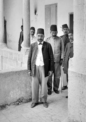 Palestine: The Ottoman Governor of Nazareth with other officials and staff, c. 1910 Palestine (Arabic: ÙÙ Ø³Ø·ÙäÙÜŽ Filasá¹­Ä«n, Falasá¹­Ä«n, Filisá¹­Ä«n; Greek: Î Î±Î»Î±Î¹ÏƒÏ Î¯Î½Î·, PalaistinÄ ; Latin: Palaestina; Hebrew: ×¤×œ× ×ª×™× × Palestina) is a n ame given to the geographic region between the Mediterranean Sea and the Jordan River. The region is also known as the Land of Israel (Hebrew: ××¨×¥Ö¾×™× ×¨××œ Eretz-Yisra el), the Holy Land and the Southern Levant.<br ><br > In 1832 Palestine was conquered by Muhammad Ali s Egypt, but in 1840 Britain intervened and returned control of the Levant to the Ottomans in return for further capitulations. The end of the 19th century saw the beginning of Zionist immigration and the Revival Copyright: xxPicturesxFromxHistoryx
