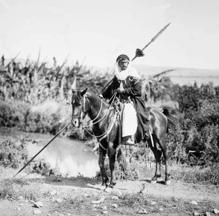 Palestine: A Bedouin warrior on horseback, American Colony of Jerusalem, c. 1900 Palestine (Arabic: ÙÙ Ø³Ø·ÙäÙÜŽ Filasá¹­Ä«n, Falasá¹­Ä«n, Filisá¹­Ä«n; Greek: Î Î±Î»Î±Î¹ÏƒÏ Î¯Î½Î·, PalaistinÄ ; Latin: Palaestina; Hebrew: ×¤×œ× ×ª×™× × Palestina) is a n ame given to the geographic region between the Mediterranean Sea and the Jordan River. The region is also known as the Land of Israel (Hebrew: ××¨×¥Ö¾×™× ×¨××œ Eretz-Yisra el), the Holy Land and the Southern Levant.<br ><br > In 1832 Palestine was conquered by Muhammad Ali s Egypt, but in 1840 Britain intervened and returned control of the Levant to the Ottomans in return for further capitulations. The end of the 19th century saw the beginning of Zionist immigration and the Revival of Copyright: xxPicturesxFromxHistoryx
