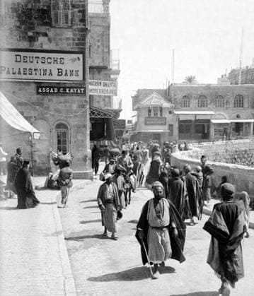 Palestine: Palestinians passing the German Palestine Bank, David Street, Jerusalem, c. 1910 Palestine (Arabic: ÙÙ Ø³Ø·ÙäÙÜŽ Filasá¹­Ä«n, Falasá¹­Ä«n, Filisá¹­Ä«n; Greek: Î Î±Î»Î±Î¹ÏƒÏ Î¯Î½Î·, PalaistinÄ ; Latin: Palaestina; Hebrew: ×¤×œ× ×ª×™× × Palestina) is a n ame given to the geographic region between the Mediterranean Sea and the Jordan River. The region is also known as the Land of Israel (Hebrew: ××¨×¥Ö¾×™× ×¨××œ Eretz-Yisra el), the Holy Land and the Southern Levant.<br ><br > In 1832 Palestine was conquered by Muhammad Ali s Egypt, but in 1840 Britain intervened and returned control of the Levant to the Ottomans in return for further capitulations. The end of the 19th century saw the beginning of Zionist immigration and the Copyright: xxPicturesxFromxHistoryx