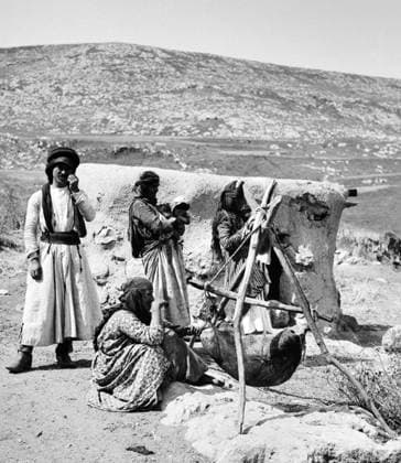 Palestine: Churning butter in Galilee c. 1910 Palestine (Arabic: ÙÙ Ø³Ø·ÙäÙÜŽ Filasá¹­Ä«n, Falasá¹­Ä«n, Filisá¹­Ä«n; Greek: Î Î±Î»Î±Î¹ÏƒÏ Î¯Î½Î·, PalaistinÄ ; Latin: Palaestina; Hebrew: ×¤×œ× ×ª×™× × Palestina) is a n ame given to the geographic region between the Mediterranean Sea and the Jordan River. The region is also known as the Land of Israel (Hebrew: ××¨×¥Ö¾×™× ×¨××œ Eretz-Yisra el), the Holy Land and the Southern Levant.<br ><br > In 1832 Palestine was conquered by Muhammad Ali s Egypt, but in 1840 Britain intervened and returned control of the Levant to the Ottomans in return for further capitulations. The end of the 19th century saw the beginning of Zionist immigration and the Revival of the Hebrew language. The movement w Copyright: xxPicturesxFromxHistoryx
