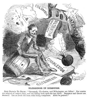 CARTOON: CIVIL WAR, 1865. Blessings in Disguise. Cartoon showing Confederate president Jefferson Davis surrounded by the fallen cities of Savannah, Charleston, Atlanta, Columbia, Richmond, and Wilmington. Since these cities no longer needed to be defended, the Confederate Army could regroup and attack with new force. Wood engraving, 1865.  Copyright: xGRANGERx xGRANGERx 0354905