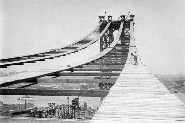 NYC: MANHATTAN BRIDGE, 1908. A photographer on the temporary foot path atop the Manhattan Bridge in New York City. Photograph, 1908.  Copyright: xGRANGERx xGRANGERx 0371055