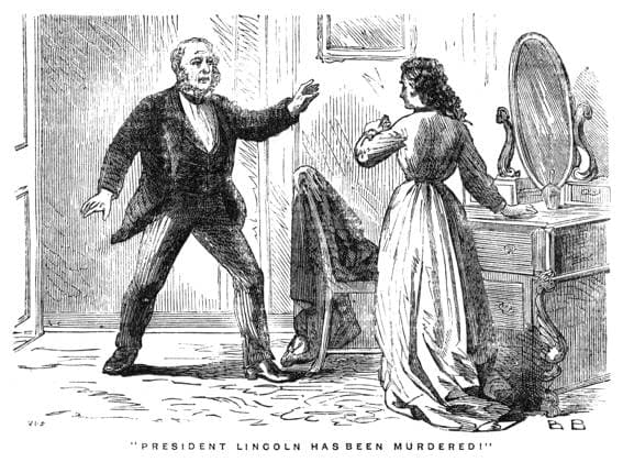 VALENTINE MOTT (1785-1865). American surgeon. Mott exclaiming to his wife that President Lincoln had been shot, April 1865. Wood engraving, 19th century.  Copyright: xGRANGERx xGRANGERx 0407621