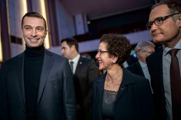 Rassemblement National Campaign Meeting - Paris President of the Rassemblement National (RN) far-right party and RN top candidate for the European elections, Jordan Bardella , sits with French politician and second on the RN s list for the European Elections, Malika Sorel-Sutter and RN party member and former head of the EU s border agency, Frontex Fabrice Leggeri , during the General assembly of Immigration (Etats generaux de l immigration ) organized by the RN as part of the European elections campaign in Paris, France on March 26, 2024. Photo by Eliot Blondet ABACAPRESS.COM Paris France  Copyright: xBlondetxEliot ABACAx