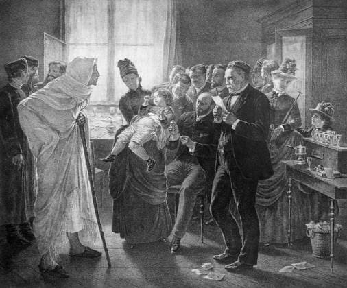 LOUIS PASTEUR (1822-1895). French chemist and microbiologist. Administering rabies vaccinations in his clinic in Paris, France. Engraving after a painting by Lucien Laurent-Gsell, c1890.  Copyright: xGRANGERx xGRANGERx 0527491