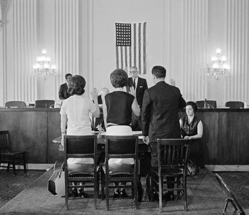 JUANA CASTRO RUZ (1933- ). Cuban activist, sister of Fidel and Raul Castro. Testifying before the House Un-American Activities Committee. Photograph by Thomas O Halloran, June 1965.  Copyright: xGRANGERx xGRANGERx 0527712