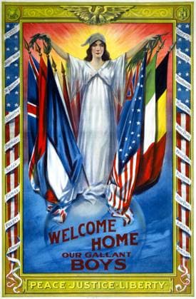 WWI: POSTER, 1918. Welcome home our gallant boys. Peace, justice, liberty. Lithograph, 1918.  Copyright: xGRANGERx xGRANGERx 0527899