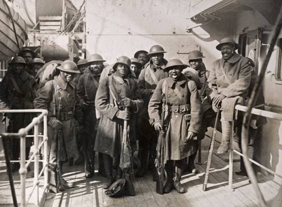 WWI: HOMECOMING, 1919. Troops of the 369th Infantry Regiment (formerly the 15th Infantry New York National Guard) arriving in Hoboken, New Jersey aboard the SS France. Photograph, 1919.  Copyright: xGRANGERx xGRANGERx 0528278