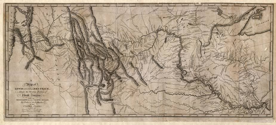 MAP: LEWIS AND CLARK, 1814. A map tracing the progress of the 1804 Lewis and Clark Expedition from St. Charles, Missouri to the mouth of the Columbia River. Original map drawn by William Clark and copied by Samuel Lewis, 1814.  Copyright: xGRANGERx xGRANGERx 0621226