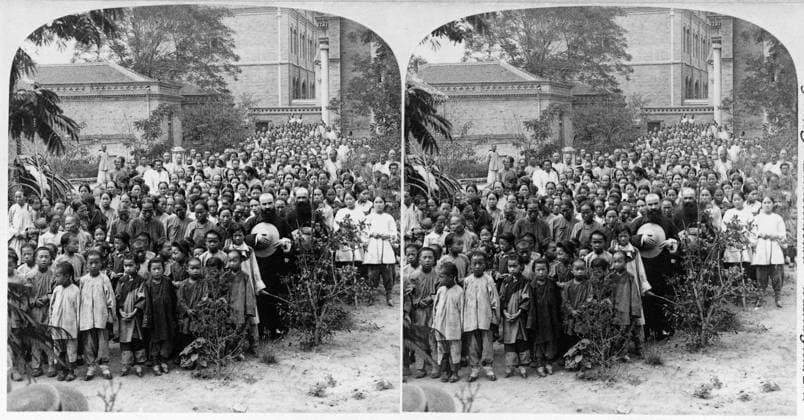 CHINA: BOXER REBELLION. Chinese Christian refugees gathered by Father Quilloux into the Apostolic Mission during the bombardment of Tientsin during the Boxer Rebellion in China. Stereograph, c1901.  Copyright: xGRANGERx xGRANGERx 0622210