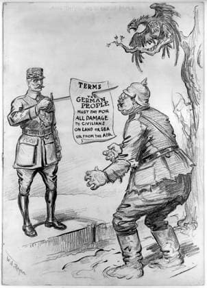 WWI: CARTOON, 1918. And this is no scrap of paper. Comment on the close of World War I from the New York Herald, depicting French Marshal Foch presenting Germany with a demand for reparations on the point of his sword. Cartoon by William Allen Rogers, 7 November 1918.  Copyright: xGRANGERx xGRANGERx 0622384