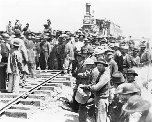 PROMONTORY POINT, 1869. The joining of the Central Pacific and Union Pacific Railroads in Promontory, Utah. Photograph by A.J. Russell, 10 May 1869.  Copyright: xGRANGERx xGRANGERx 0622599