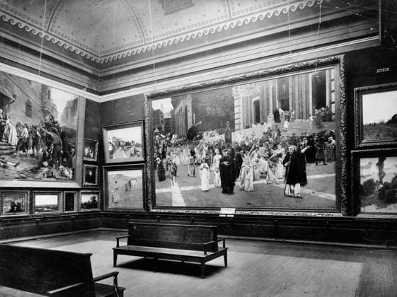 COLUMBIAN EXPOSITION, 1893. Exhibit in an art gallery at the World s Columbian Exposition in Chicago, Illinois. Carl von Marr s The Flagellants, 1889, is featured in the center. Photograph, 1893.  Copyright: xGRANGERx xGRANGERx 0623148