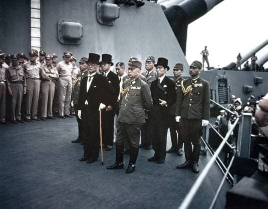 JAPANESE SURRENDER, 1945. Representatives of the Empire of Japan onboard the USS Missouri for the formal surrender to the Allied Powers. In the front row: Foreign Minister Mamoru Shigemitsu and General Yoshijiro Umezu. Photograph, 2 September 1945.  Copyright: xGRANGERx xGRANGERx 0623409